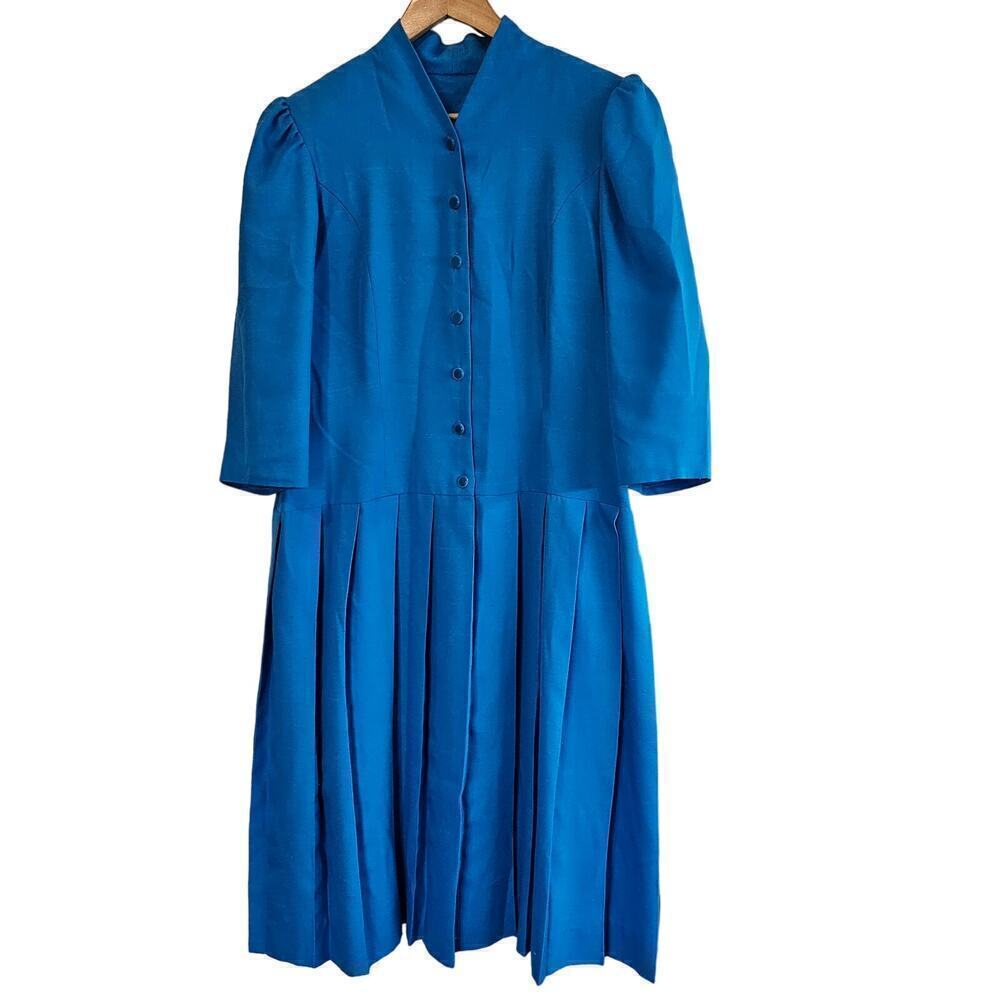 Vintage Pinup Dress Womens Size XL 70s Pleated Button Down Preppy Midi Handmade